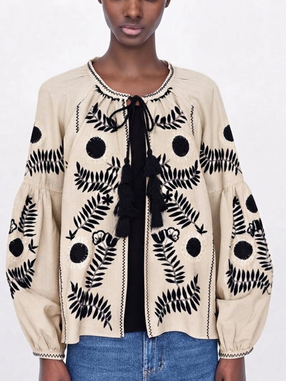 ZARA Blogger’s Favorite Beige Black BohoTassel Tie Embroidered Jacket Size M NWT